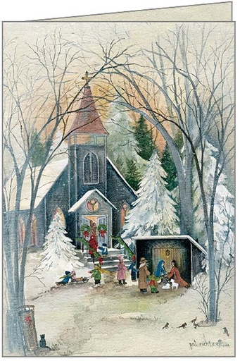 Church and Manger Scene, Box of Cards - Cello Pack of 10