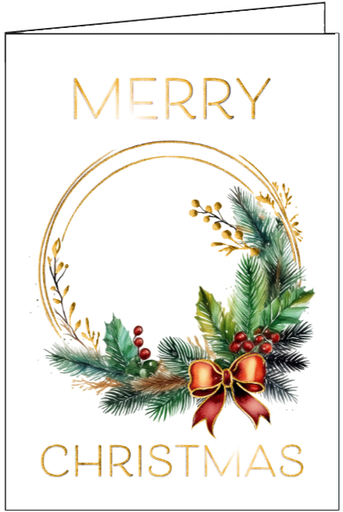 [C702] C702 - Glittery Metallic Gold Christmas Wreath Card